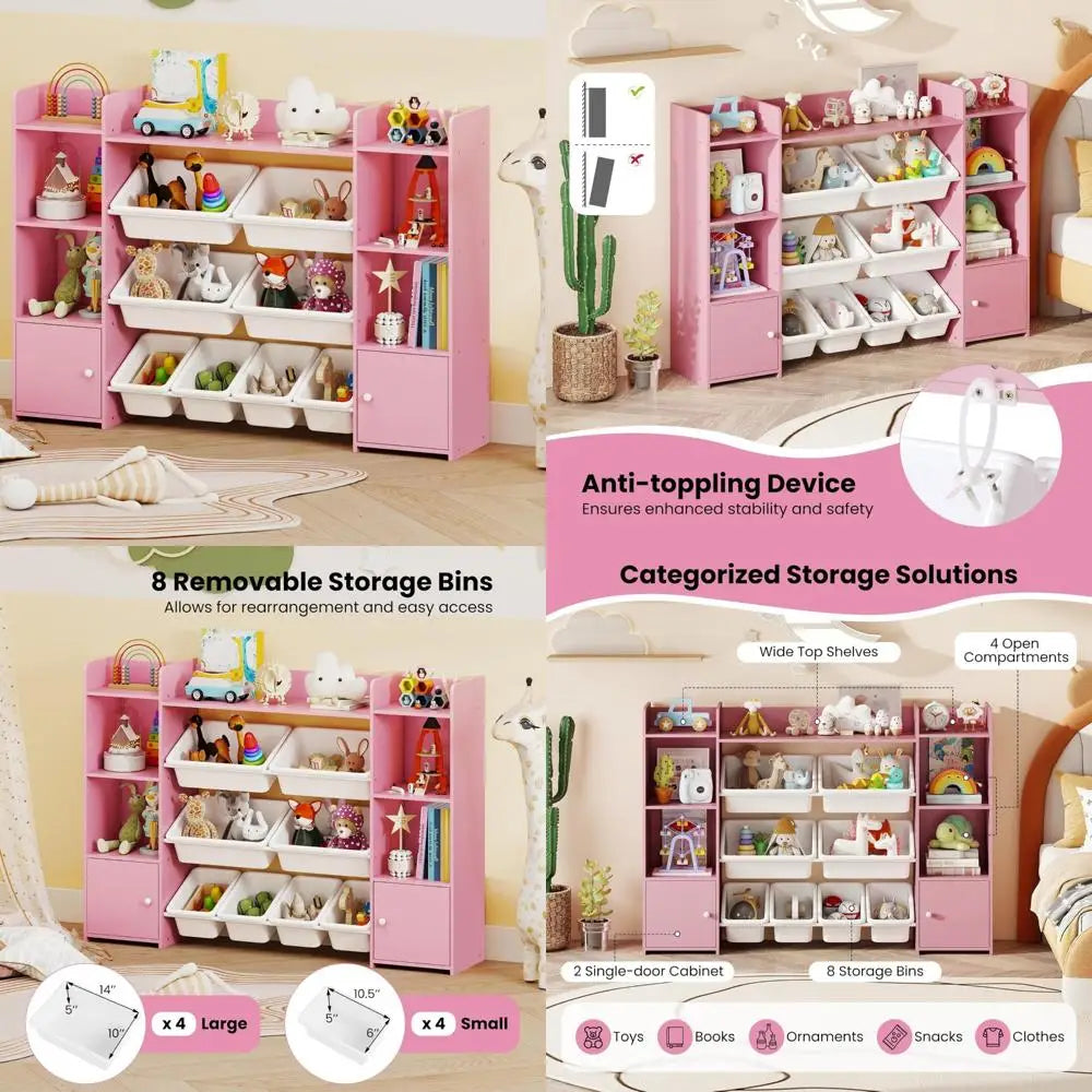 4-tier children's montessori toy organizer with 8 removable bins and bookshelf