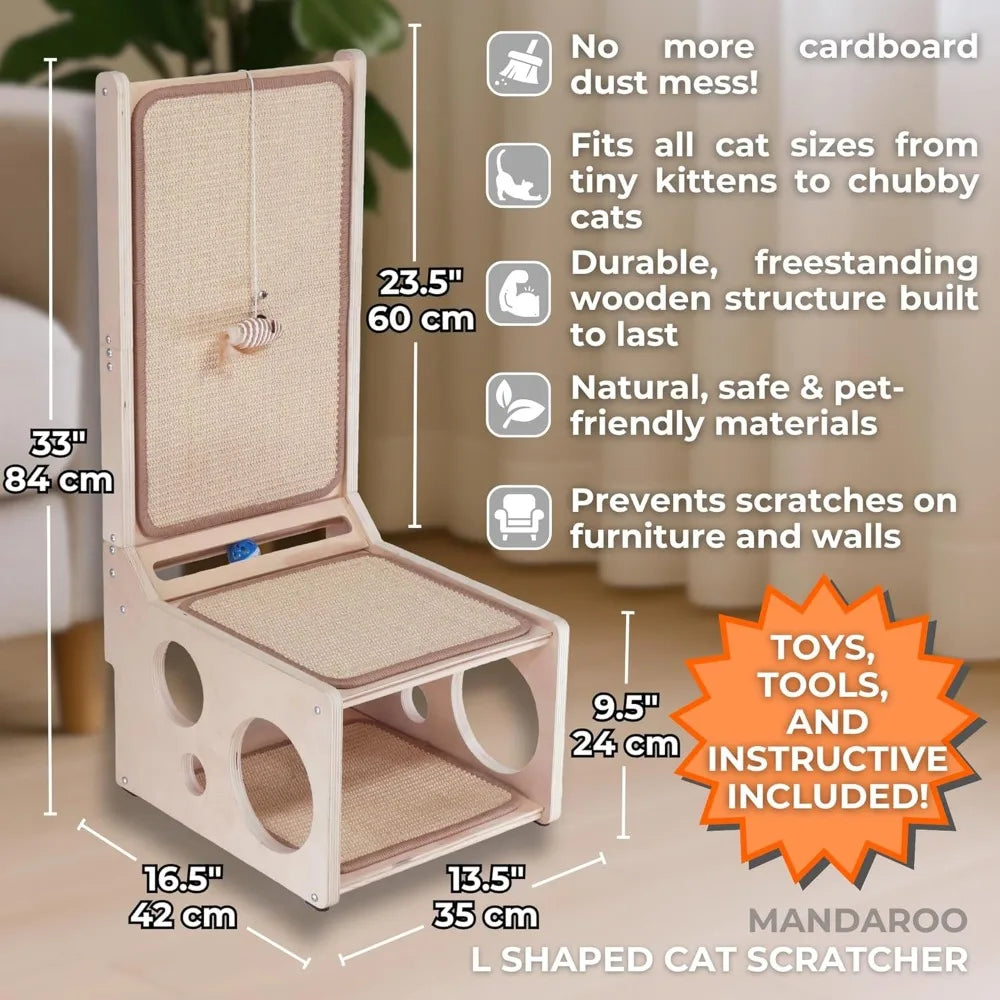 L Shaped Cat Scratch Pad with Toy – Sisal Cat Scratcher Post & Hideaway for Indoor Cats | Vertical & Horizontal Corner Scratchin