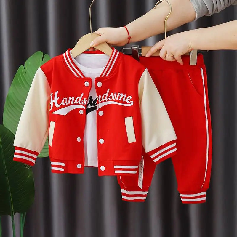Boys' autumn letter baseball single-breasted jacket+round neck printed cotton long sleeve+striped sweatpants 3Pcs suit Shopifynow