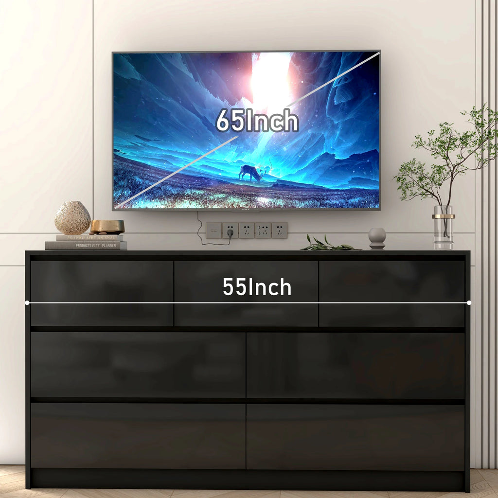 7 Drawer Dresser for Bedroom, 55 Inch Modern Dresser with High Gloss Drawers, Large Wood Chest of Drawer, White/Black Shopifynow