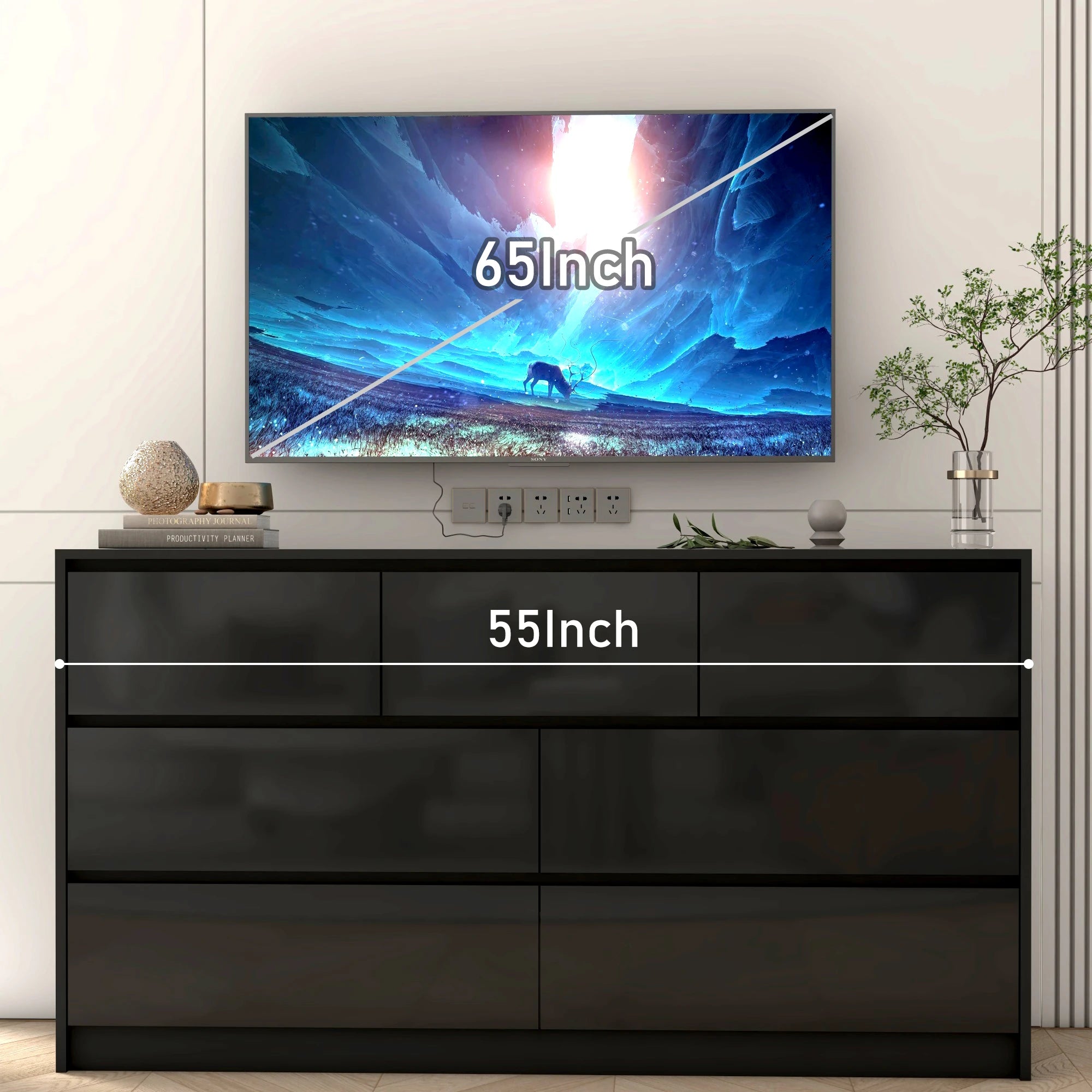 7 Drawer Dresser for Bedroom, 55 Inch Modern Dresser with High Gloss Drawers, Large Wood Chest of Drawer, White/Black Shopifynow