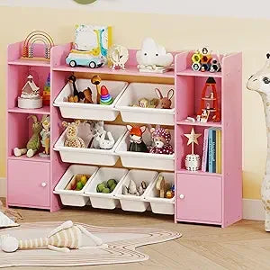 4-tier children's montessori toy organizer with 8 removable bins and bookshelf
