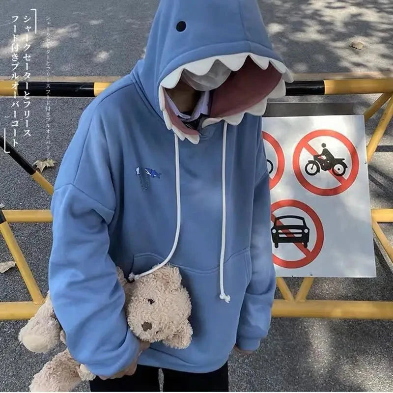 2025 Fall Japanese Kawaii Shark Hoodie - Plush Fleece Oversized Unisex Pullover with Fun Ear Hood Club outfits for women 2025 Shopifynow