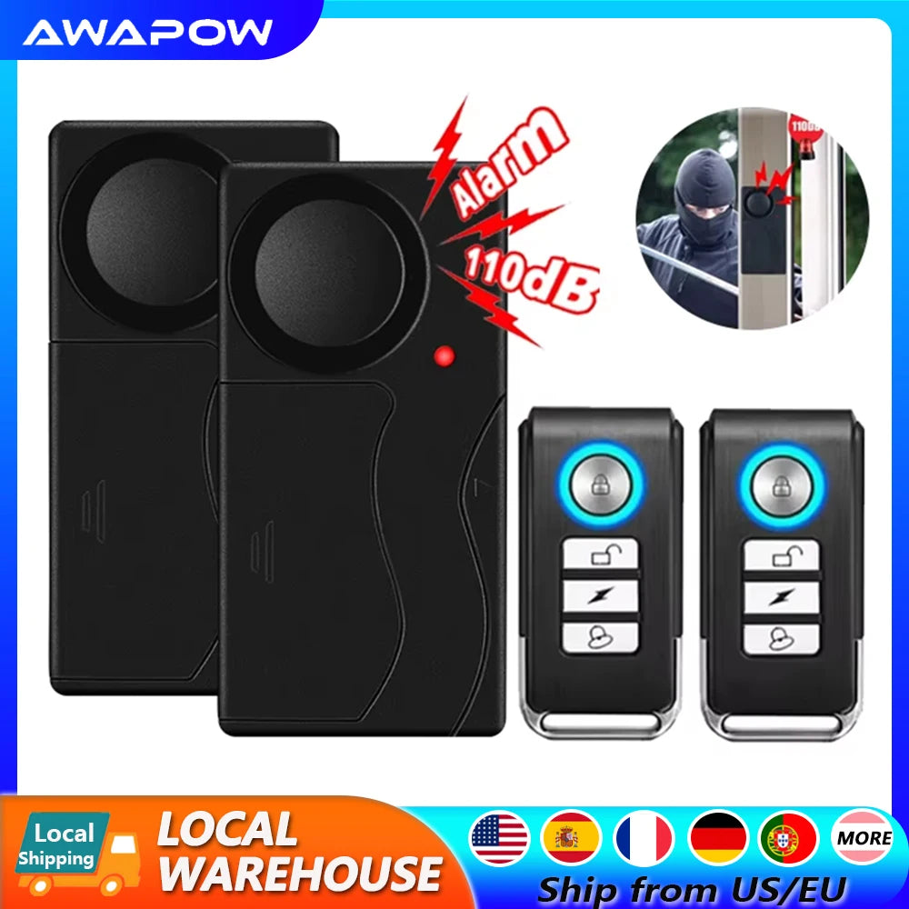 Awapow Wireless Vibration Bike Alarm With Remote Control Anti-Theft Alarm 110dB Loud Bike Door Window Alarm Home Safety System - Shopifynow
