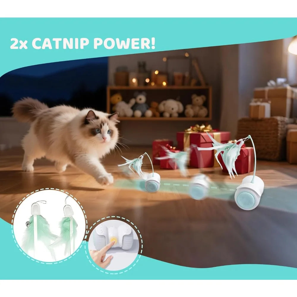 Interactive Cat Toy Car - Remote Control Cat Toys Catnip Feathers & LED Lights, Auto/Moving Chase Cats Toy to Keep Bored Cats Ac