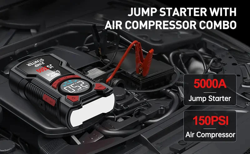 5-in-1 Multifunctional Air Pump Jump Starter with Air Compressor 3000A Peak/150PSI Battery Jump Starter Digital Tire Inflator