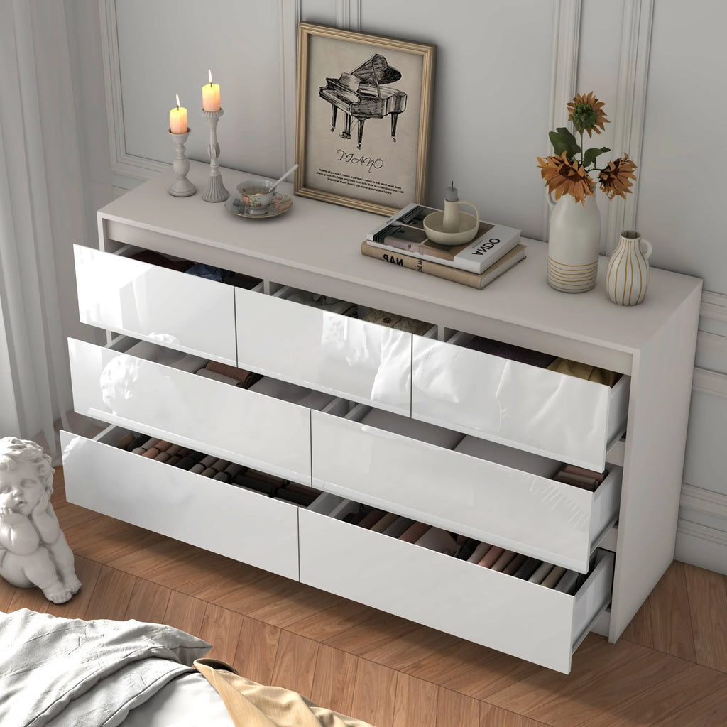 7 Drawer Dresser for Bedroom, 55 Inch Modern Dresser with High Gloss Drawers, Large Wood Chest of Drawer, White/Black Shopifynow