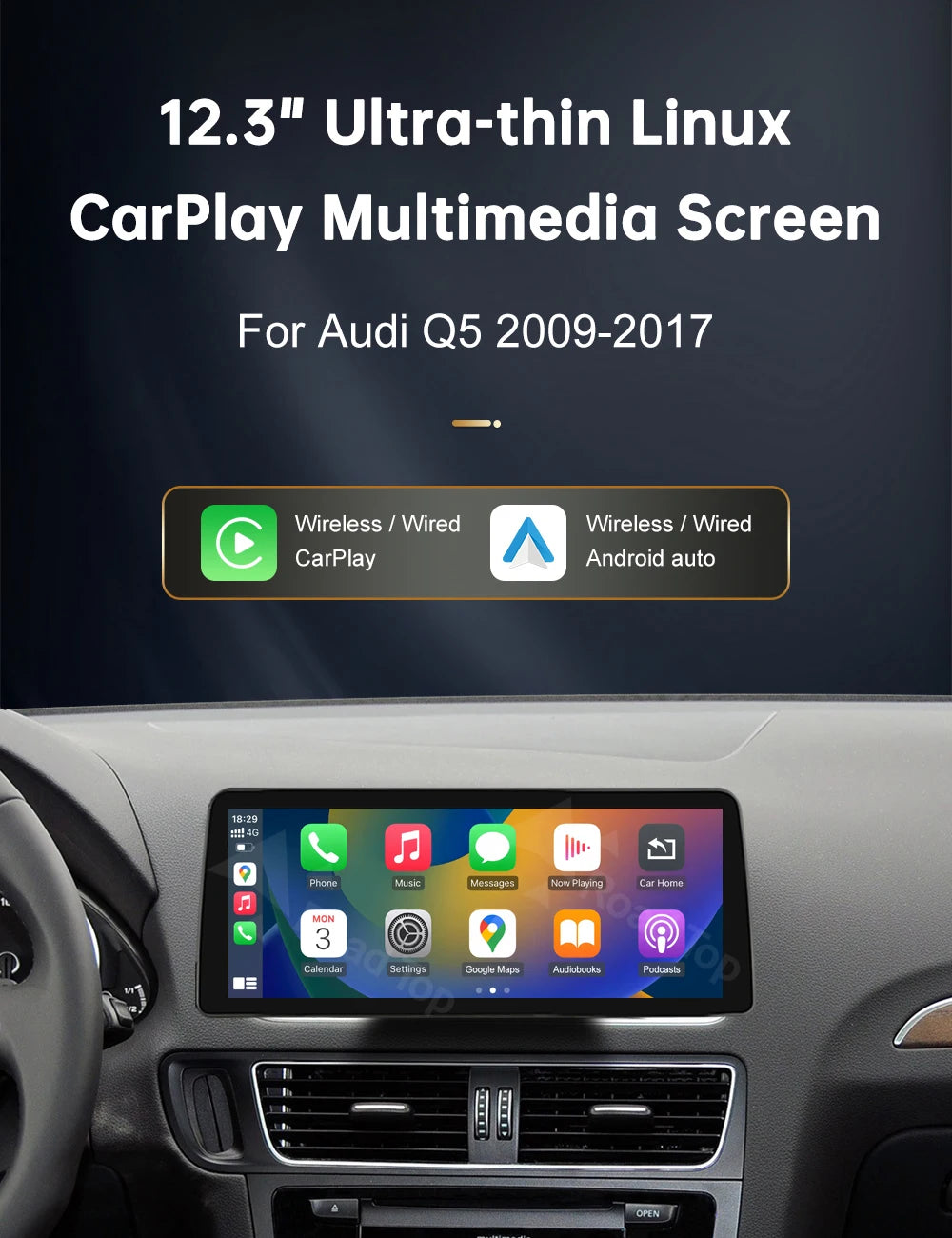 12.3' RoadTop Wireless CarPlay Multimedia Linux Screen Android Auto For Audi Q5 2009-2017 Airplay Autolink Function - Shopifynow