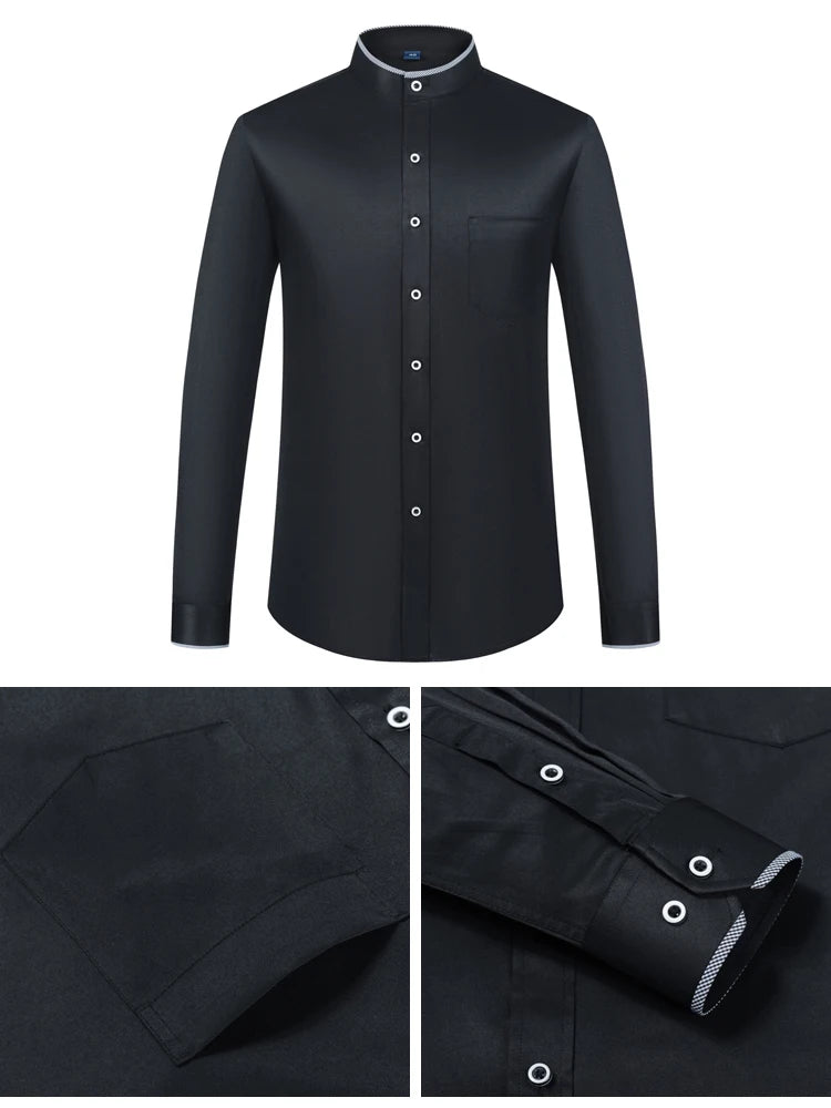 Men's Banded Collar Dress Shirts with Pocket Long Sleeve Mandarin Collar Versatile Shirt Solid Shirt For Business Activities Shopifynow