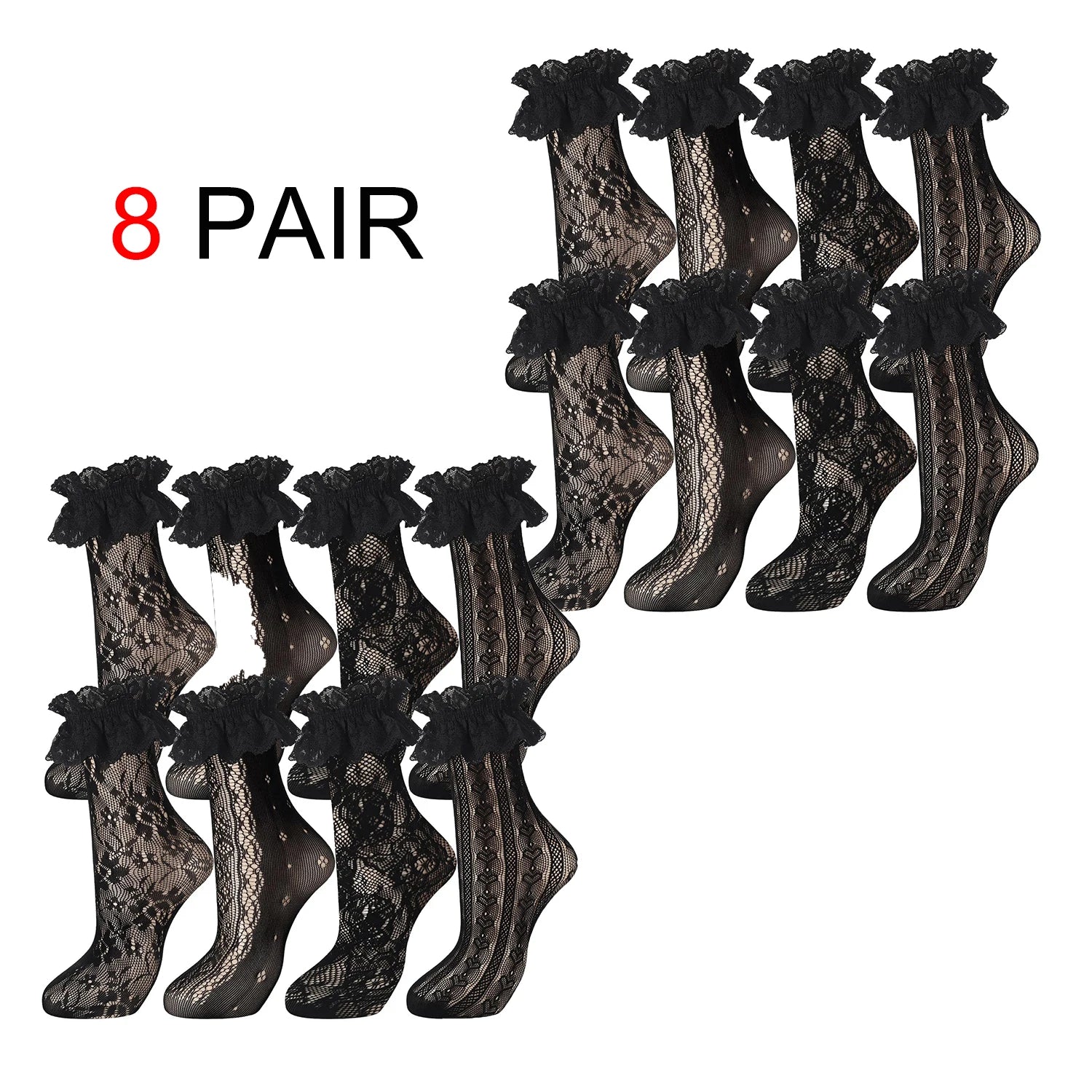 4/8 Pairs Women's Elegant Lace Socks with Ruffles, Frills & Geometric Patterns - Hollow Mesh Lolita Style Stockings, Cute Socks Shopifynow