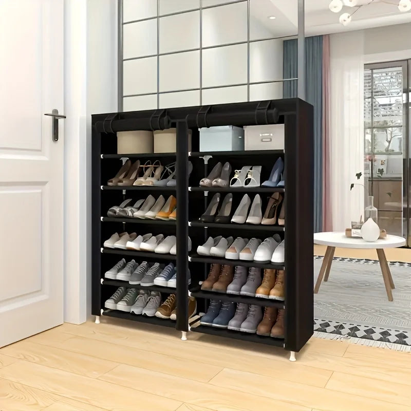 6-layer double row shoe rack with dust cover, easy to assemble and store shoes, black plastic design, 12 grid storage rack Shopifynow