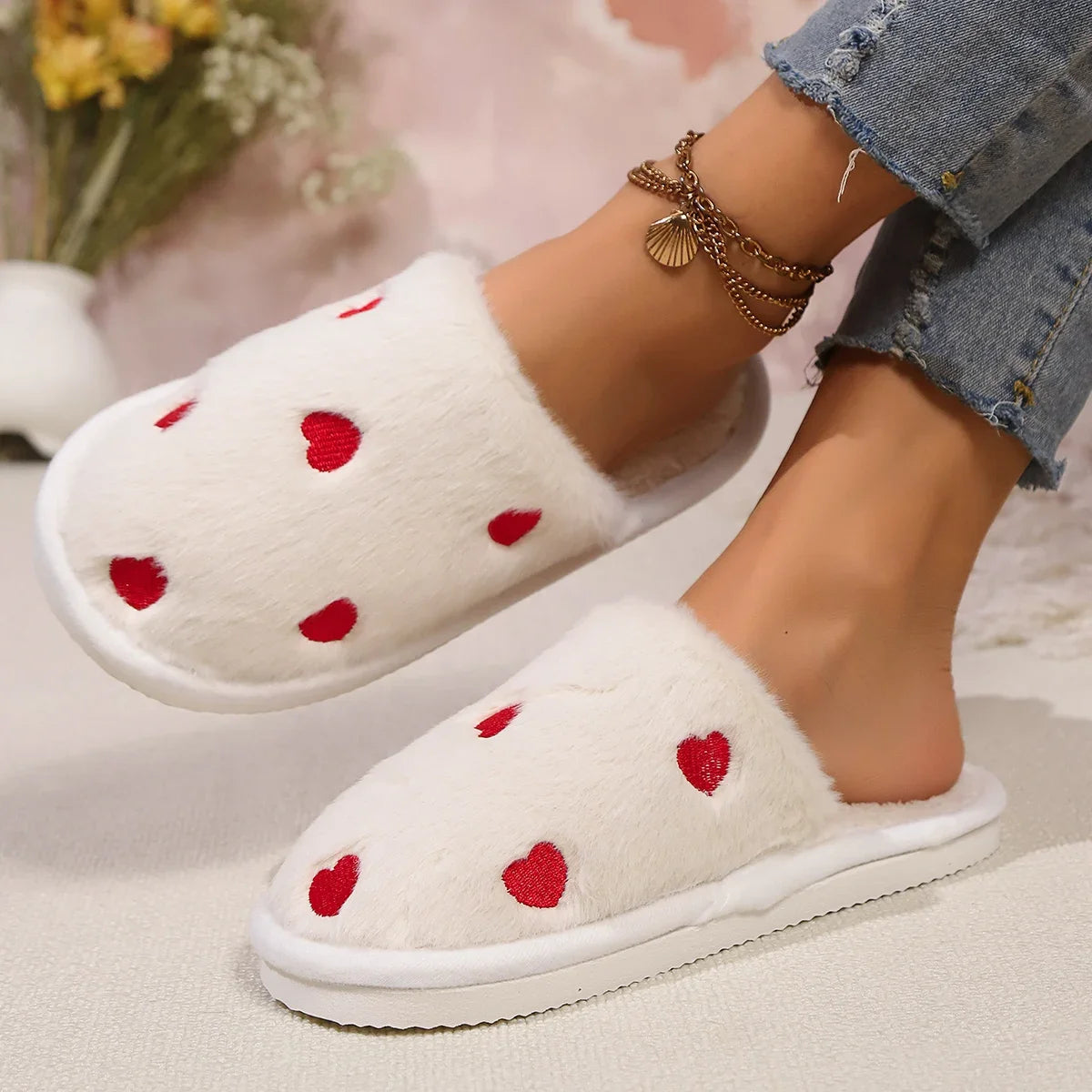 High Quality Women Heart Fleece Slippers Winter Home Fur Fuzzy Memory Foam Shoes Female Indoor Sweet Slides Cozy Cute Footwear Shopifynow