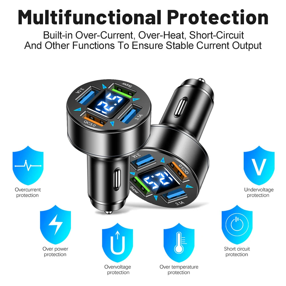 66W Car Charger 4-Port Fast Charging Blue Light Power Socket QC 3.0 Phone Charge Adapter in Car for Xiaomi iPhone Samsung Shopifynow