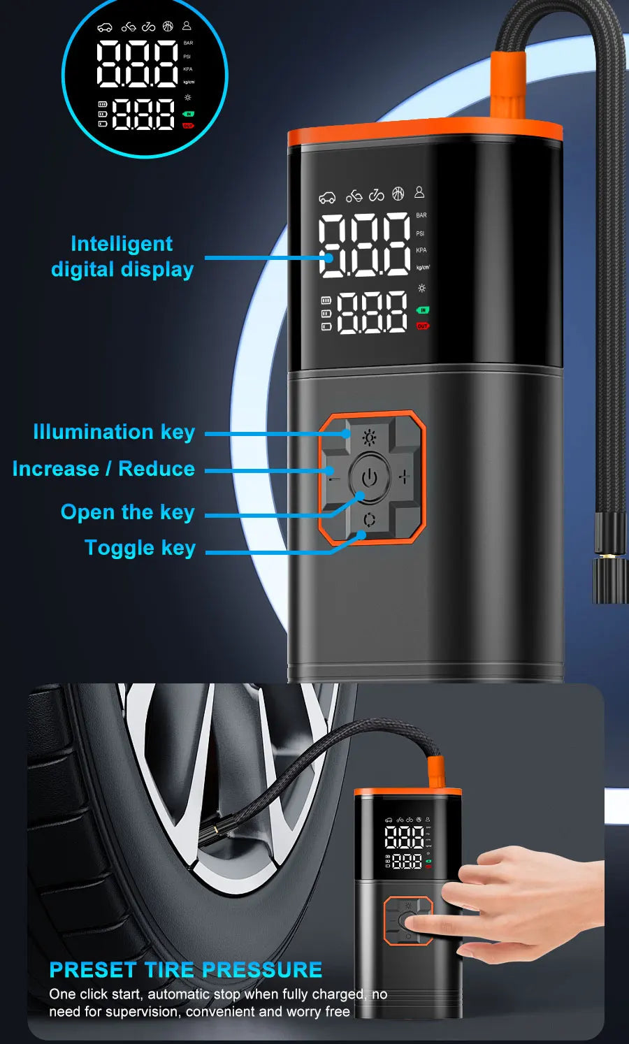 Digital Display Portable Tire Inzzator, USB Rechargeable Air Compressor for Car Bike Motorcycle Tires, Balls, Inflatable Toys - Shopifynow