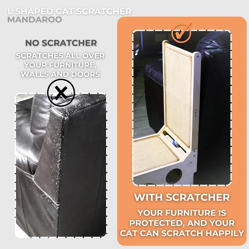 L Shaped Cat Scratch Pad with Toy – Sisal Cat Scratcher Post & Hideaway for Indoor Cats | Vertical & Horizontal Corner Scratchin