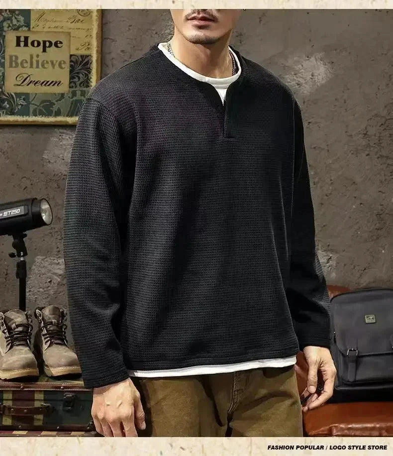 Spring and Autumn New Men Henley neck T Shirt Long Sleeve Casual  Solid color T-Shirt Fashion Waffle Fake two-piece Sweatshirts Shopifynow