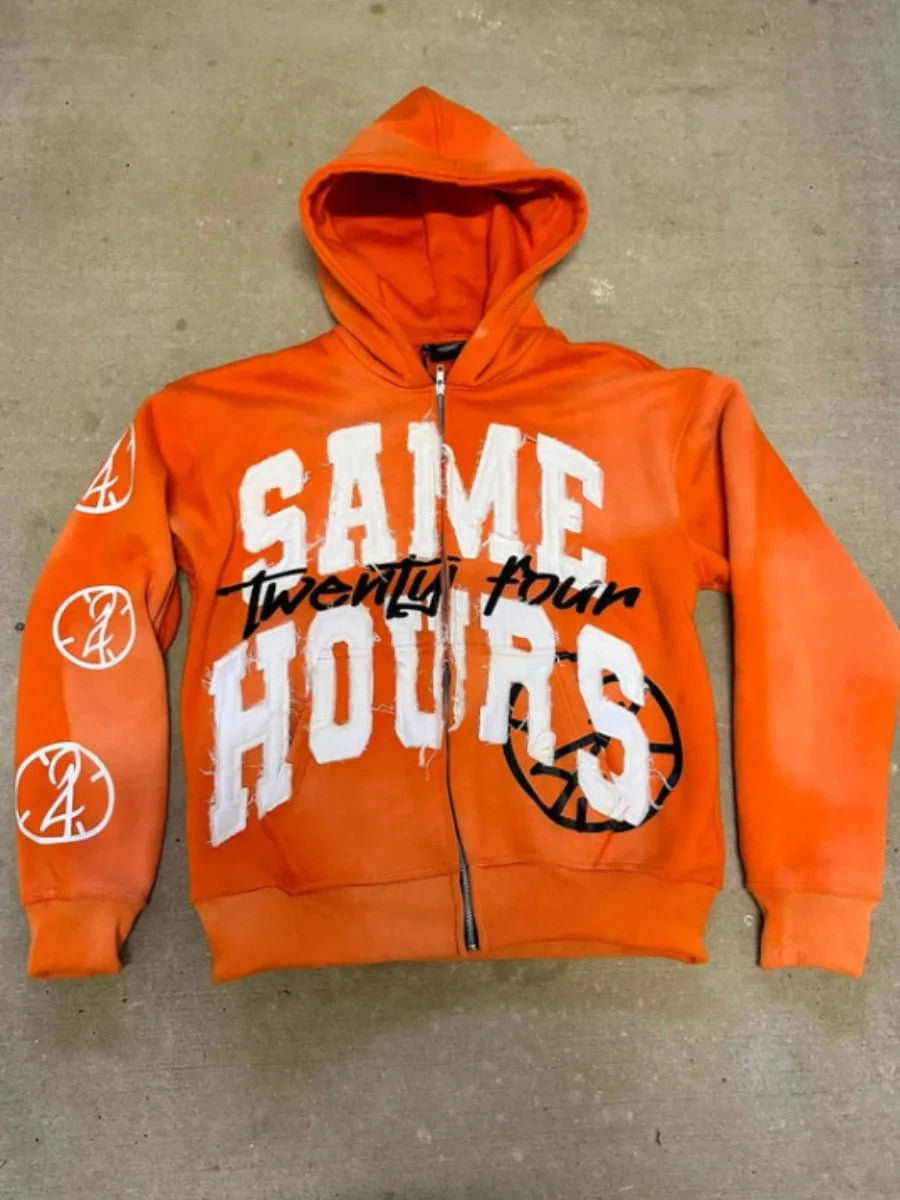 Men's Letter Zipper Embroidery Hoodie Street “Same Hours”Hip-hop Style Vintage Aesthetic Sweatshirt Shopifynow
