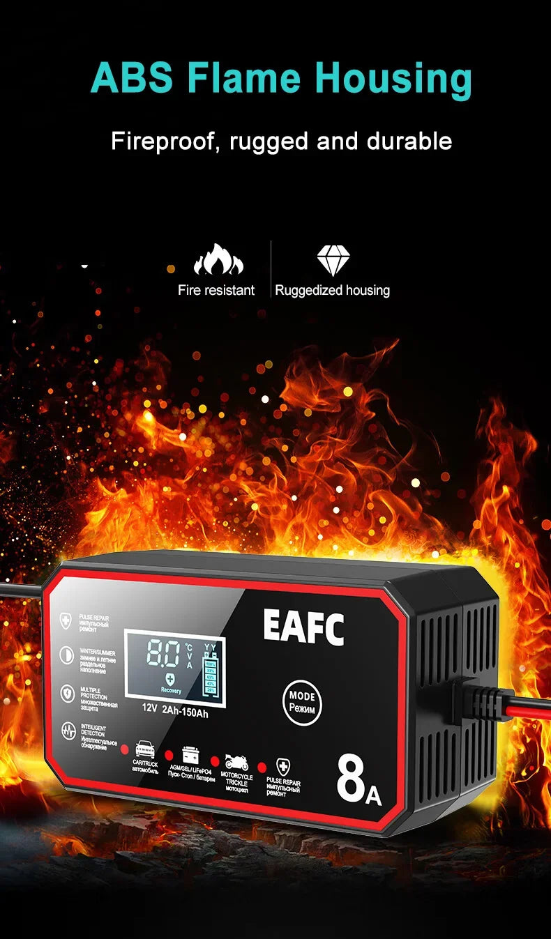 12V 8A Smart Car Battery Charger Automatic Start Fast Charger Pulse Repair Motorcycle Truck Battery Charger GEL Lead Acid