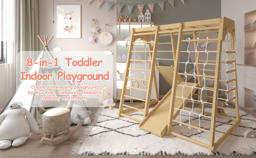 Indoor Jungle Gym, Montessori Climbing Toys, Toddler Indoor Playground Set 8-in-1 with Swing, Armband, Rock Climb Wall, Slide, M Shopifynow