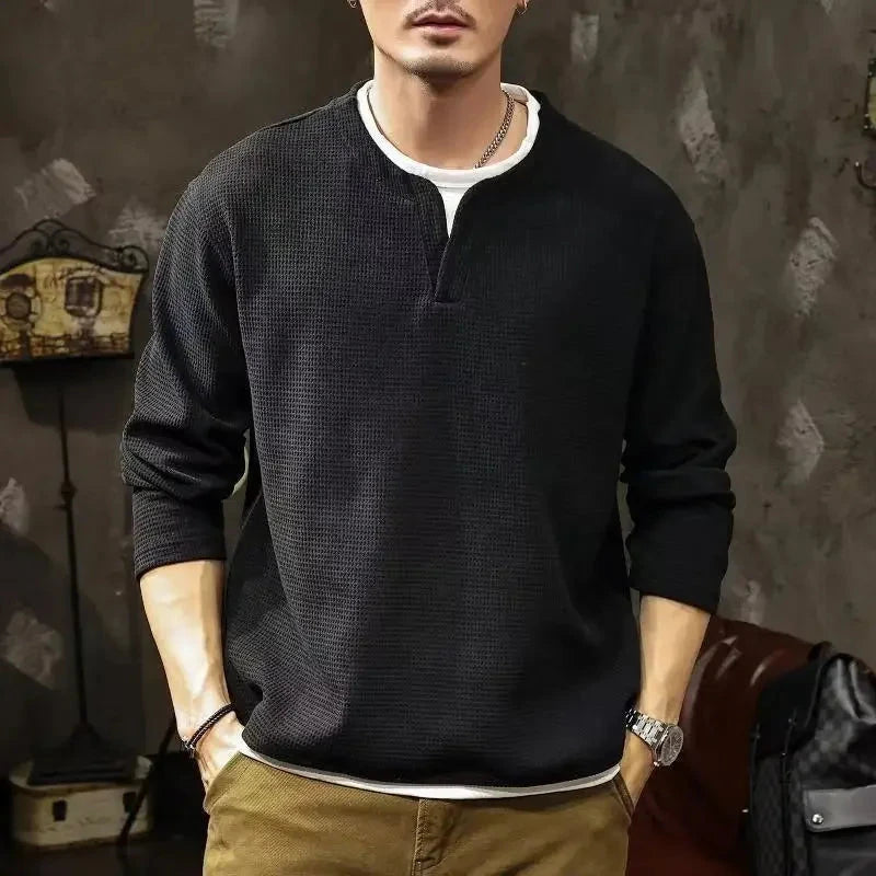 Spring and Autumn New Men Henley neck T Shirt Long Sleeve Casual  Solid color T-Shirt Fashion Waffle Fake two-piece Sweatshirts Shopifynow