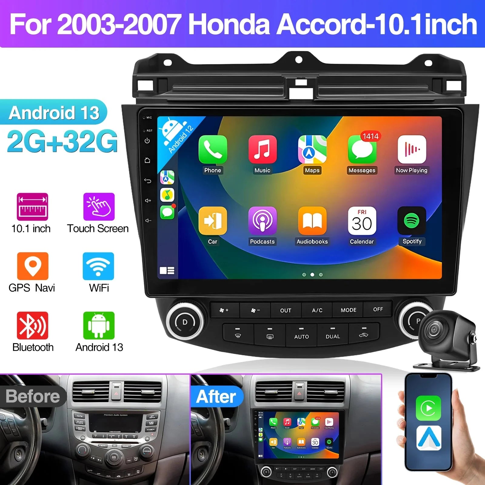 10.1 Inch Android13 Wireless Car Carplay Android Navigation Reversing Camera All-in-one 2+32G CarPlay GPS For Honda Accord 03-07 Shopifynow