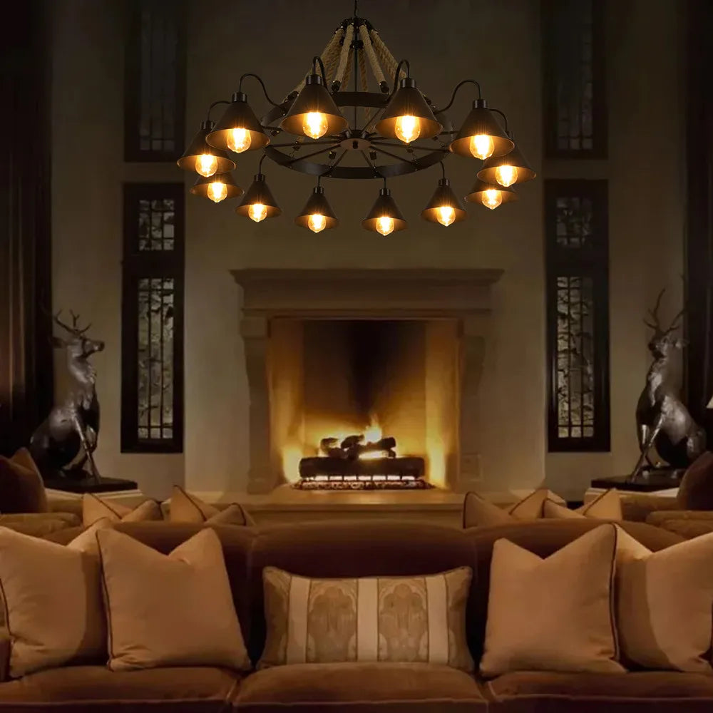 Bymaocar 12 Lights Hemp Rope Vintage Industrial Chandelier Ceiling Light Rustic Wheel Large Pendant Light Fixture Fit  Cafe Bar Shopifynow