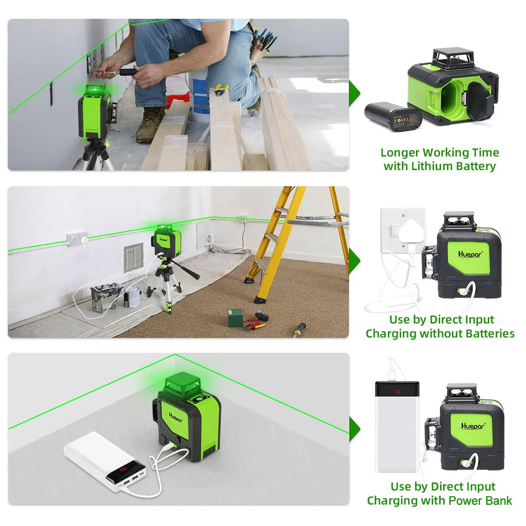 Huepar 903CG Set 12 3D Cross Lines Laser Level Osram Green Laser Beam Self-Leveling 360 Vertical Horizontal with Receiver Tripod - Shopifynow