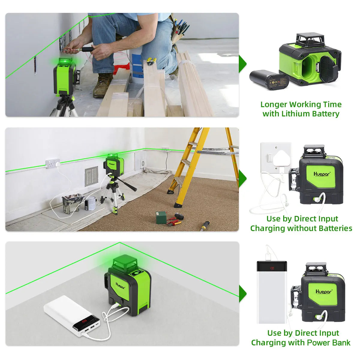 Huepar 903CG Set 12 3D Cross Lines Laser Level Osram Green Laser Beam Self-Leveling 360 Vertical Horizontal with Receiver Tripod - Shopifynow