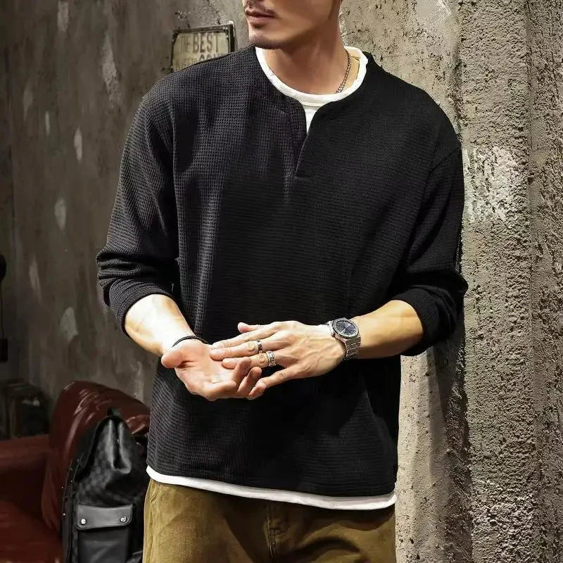 Spring and Autumn New Men Henley neck T Shirt Long Sleeve Casual  Solid color T-Shirt Fashion Waffle Fake two-piece Sweatshirts Shopifynow