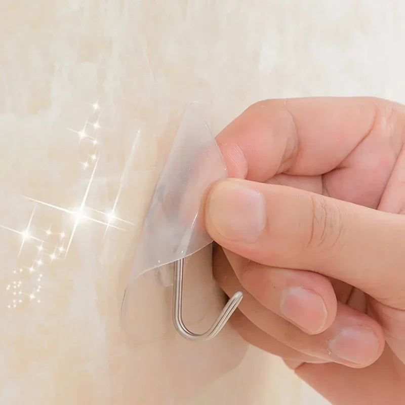 50pcs Transparent Stainless Steel Self-Adhesive Hooks Bathroom Towel Clothes Storage Sticker Hook Key Hangers Storage Holder Shopifynow