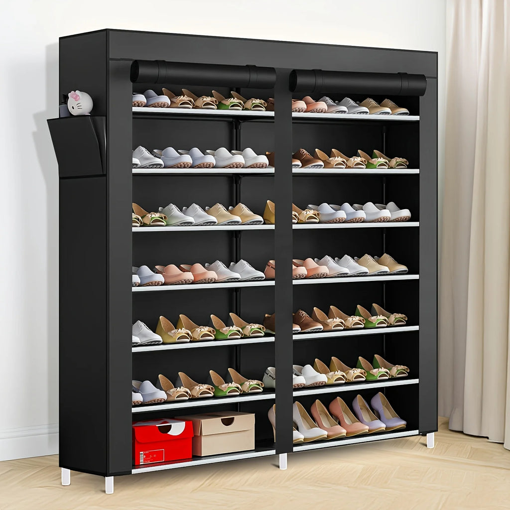 6-layer double row shoe rack with dust cover, easy to assemble and store shoes, black plastic design, 12 grid storage rack Shopifynow