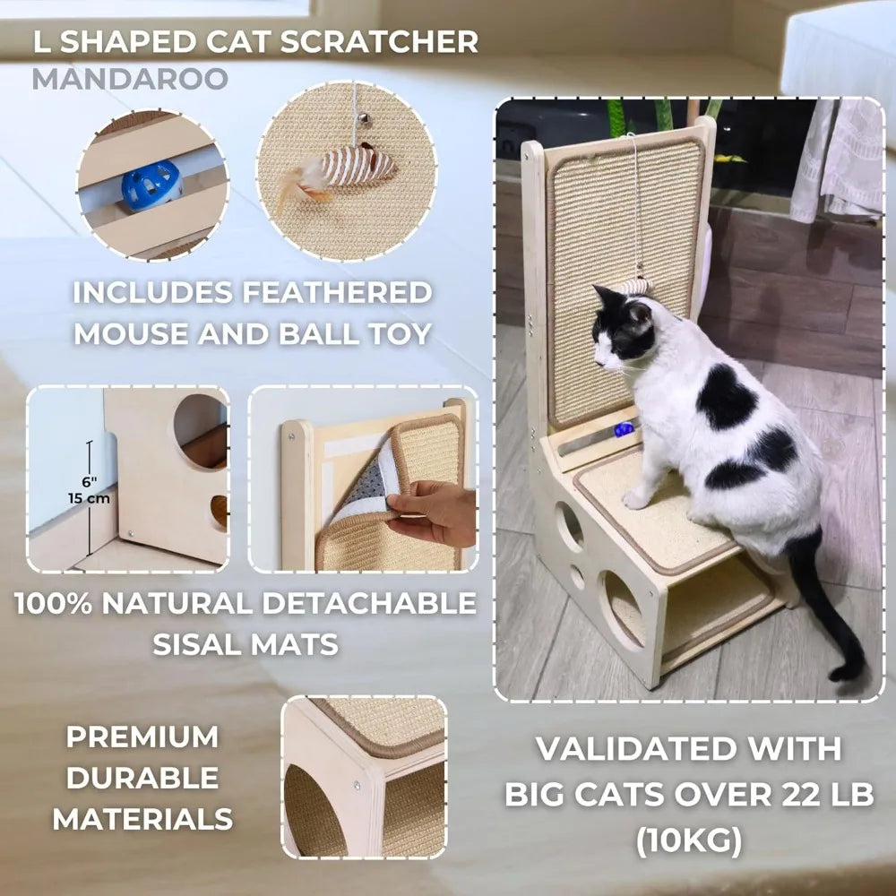 L Shaped Cat Scratch Pad with Toy – Sisal Cat Scratcher Post & Hideaway for Indoor Cats | Vertical & Horizontal Corner Scratchin