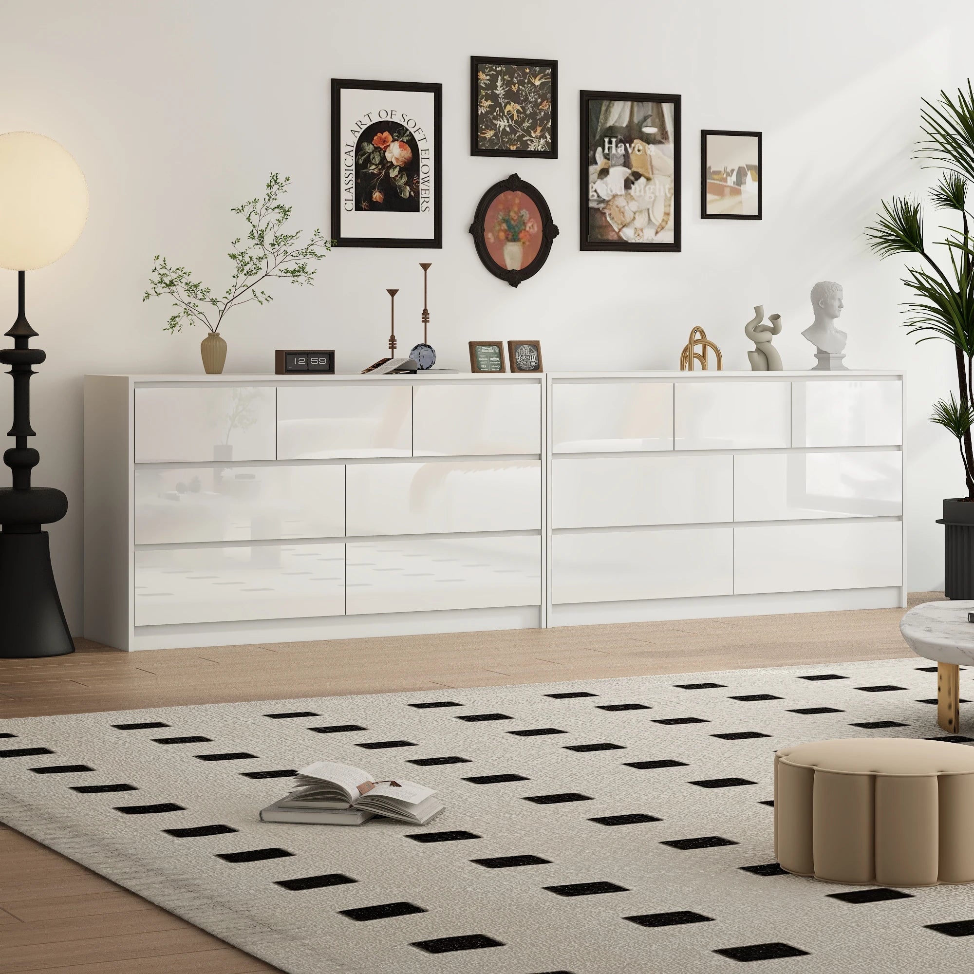 7 Drawer Dresser for Bedroom, 55 Inch Modern Dresser with High Gloss Drawers, Large Wood Chest of Drawer, White/Black Shopifynow