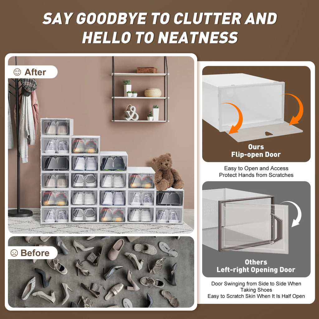 20PCS Stackable Shoe Storage Box W/Flip-Up Door - Space Saving Clear Plastic Organizer for Home Dorm Apartment - Shopifynow
