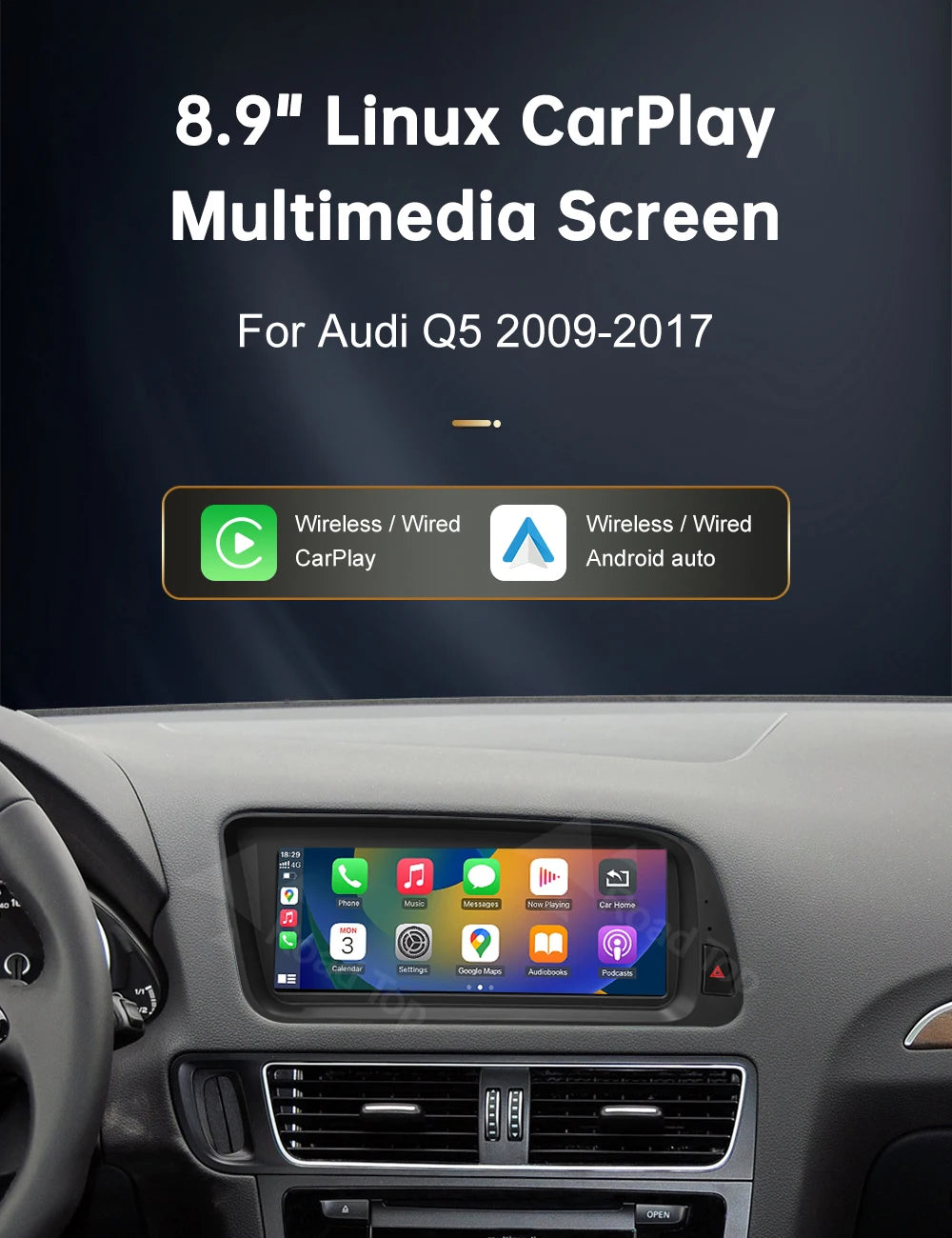 12.3' RoadTop Wireless CarPlay Multimedia Linux Screen Android Auto For Audi Q5 2009-2017 Airplay Autolink Function - Shopifynow