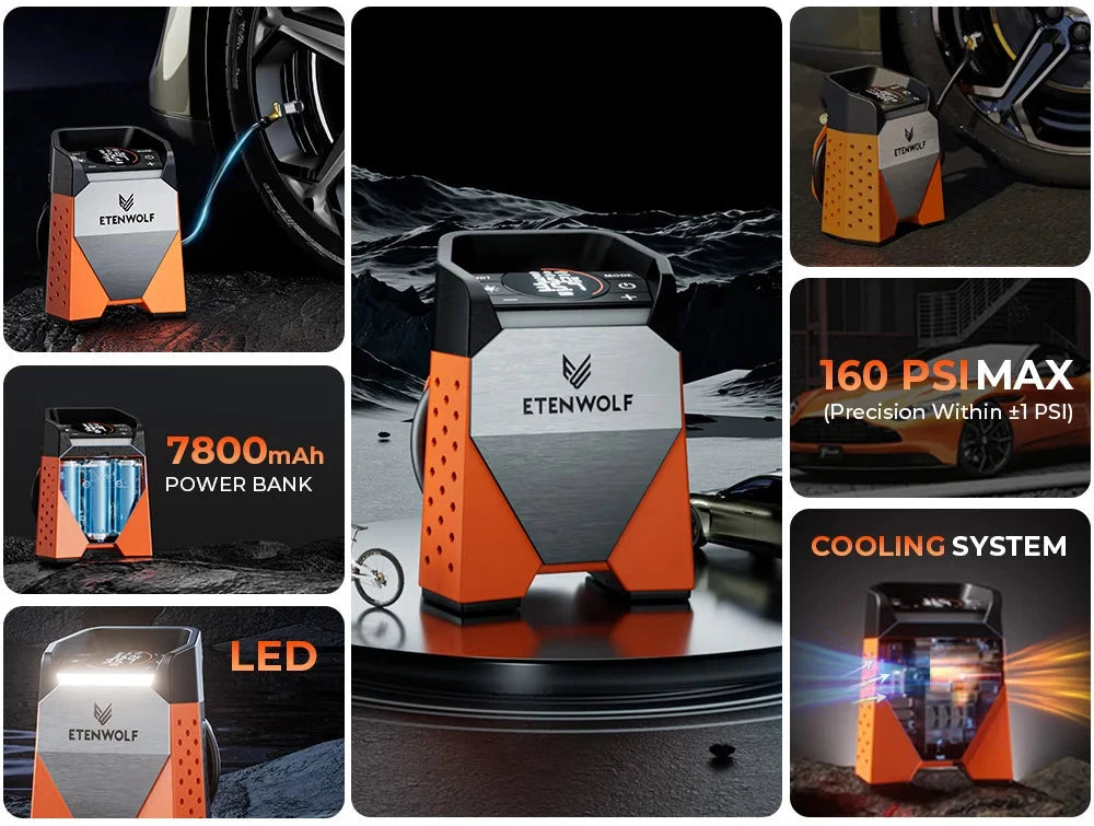 ETENWOLF ZEPHYR S3C Portable Air Compressor 100% Duty Cycle Car Tire Inflator 7800mAh for Cars, Motorcycles, Bicycles Balls Shopifynow