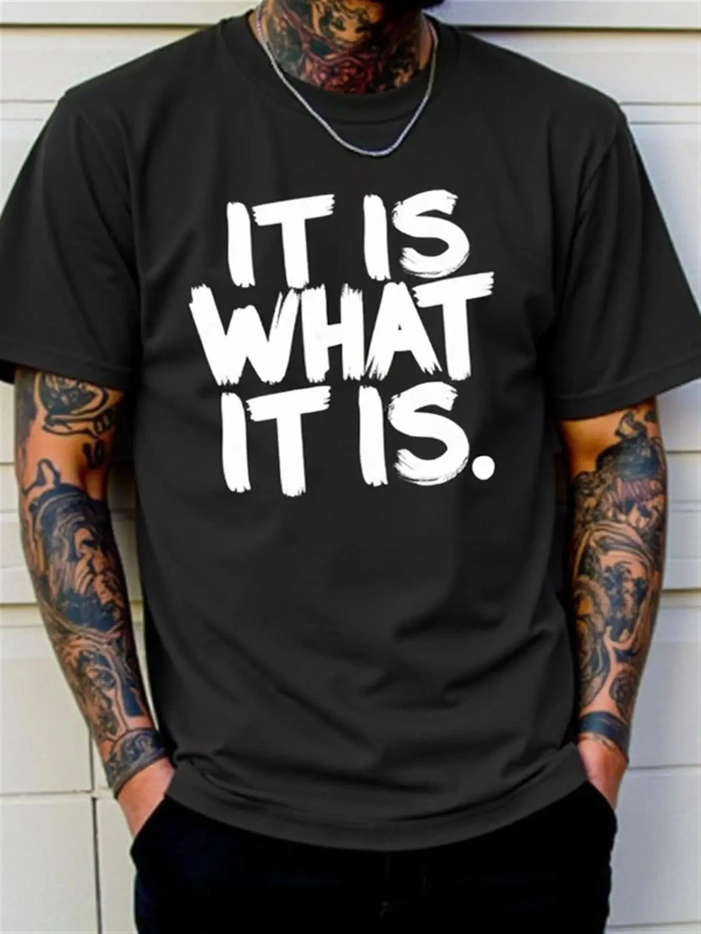 Men's Black 100% Cotton Loose T-Shirt with White "IT IS WHAT IT IS" Stroke Print - Casual Short Sleeve Crew Neck Loose T-Shirt Shopifynow