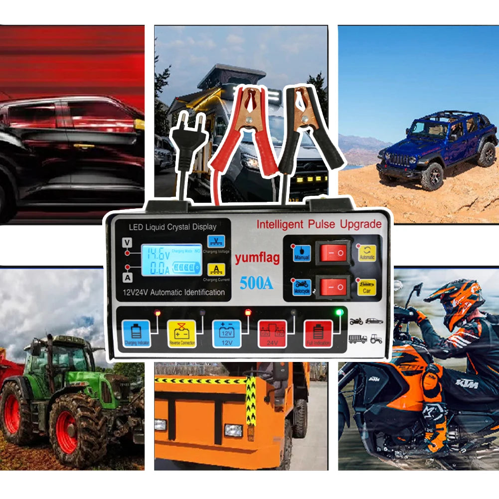 500A Battery High Power Fast Charger 12V/24V Car Battery Charger LCD Display Smart Charger for Lead-Acid AGM GEL EFB Batteries