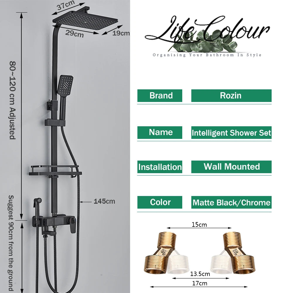 Black Digital Display Thermostatic Shower Faucet Bathroom Thermostatic 4 ways Rainfall Shower Mixer Tap,Shelf and Bidet Faucets - Shopifynow