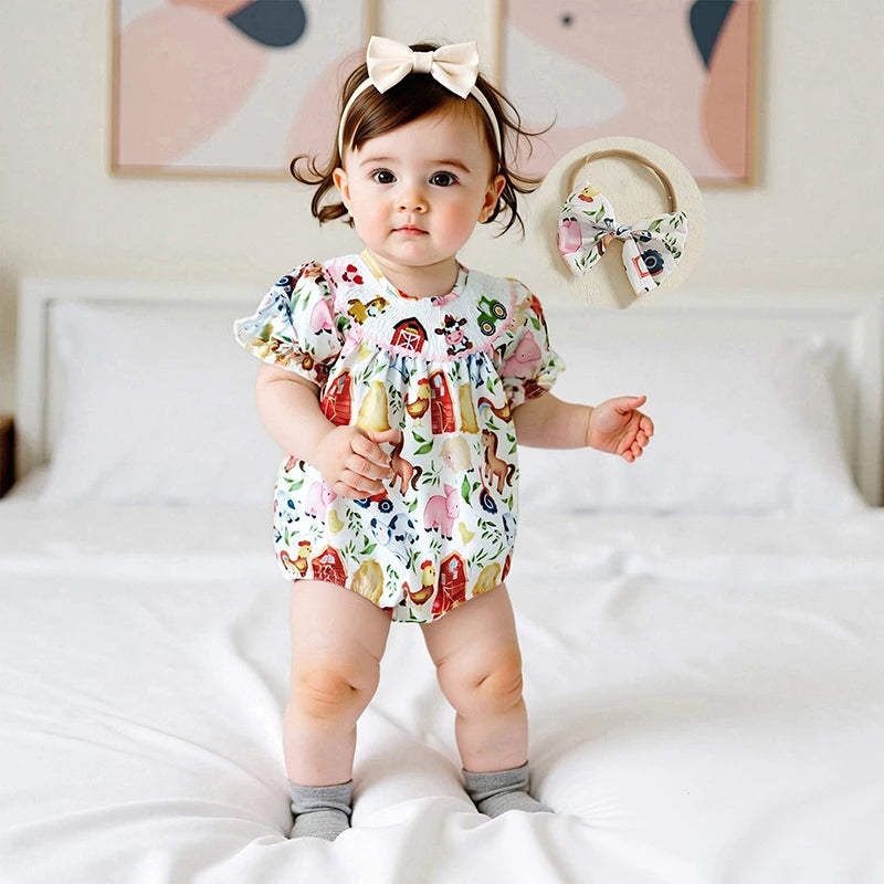 Adorable Toddler Floral Print Sleeveless Romper with Matching Bow Headband Set for Summer Outings and Playdates Shopifynow