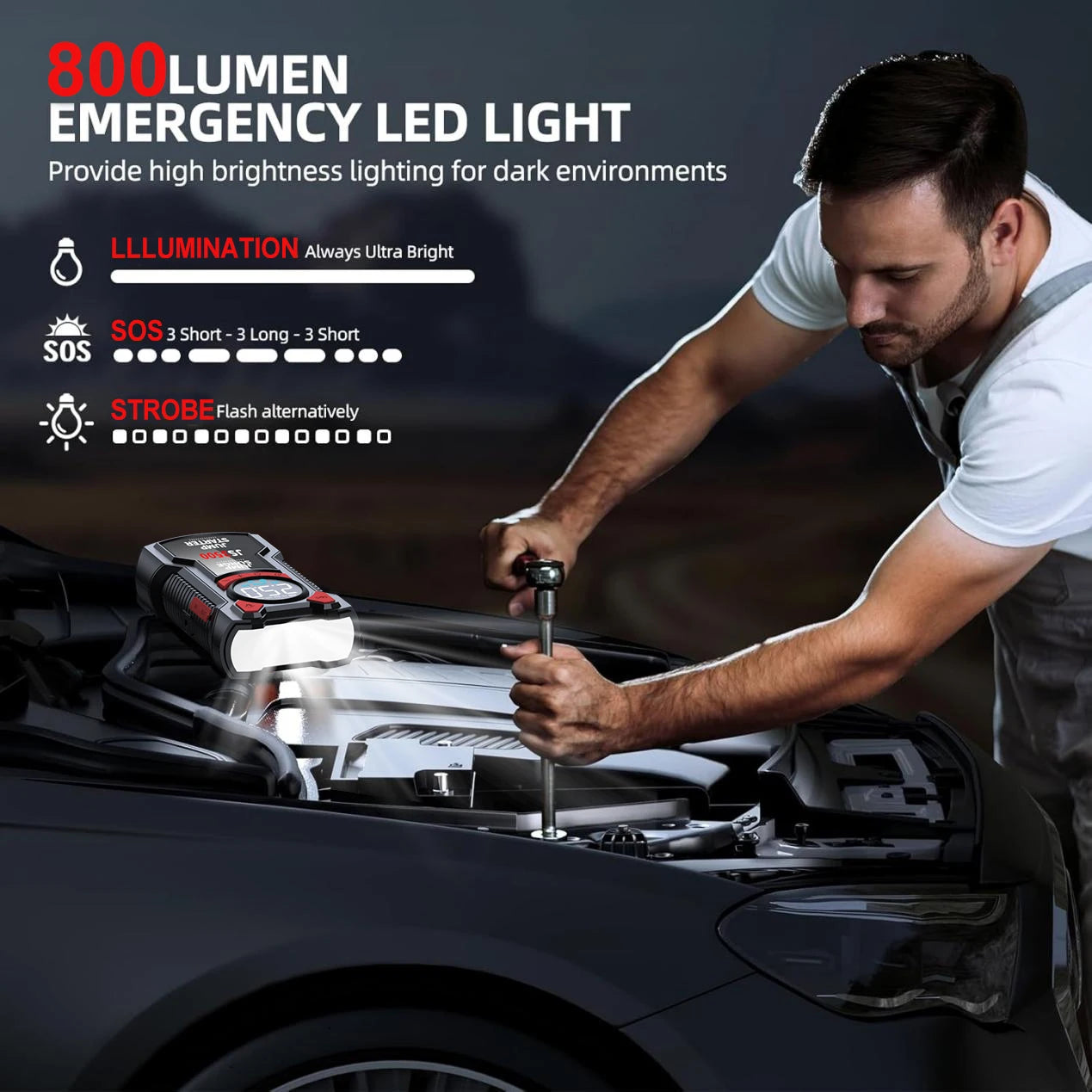 5-in-1 Multifunctional Air Pump Jump Starter with Air Compressor 3000A Peak/150PSI Battery Jump Starter Digital Tire Inflator