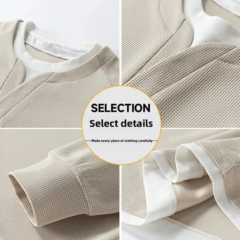 Spring and Autumn New Men Henley neck T Shirt Long Sleeve Casual  Solid color T-Shirt Fashion Waffle Fake two-piece Sweatshirts Shopifynow