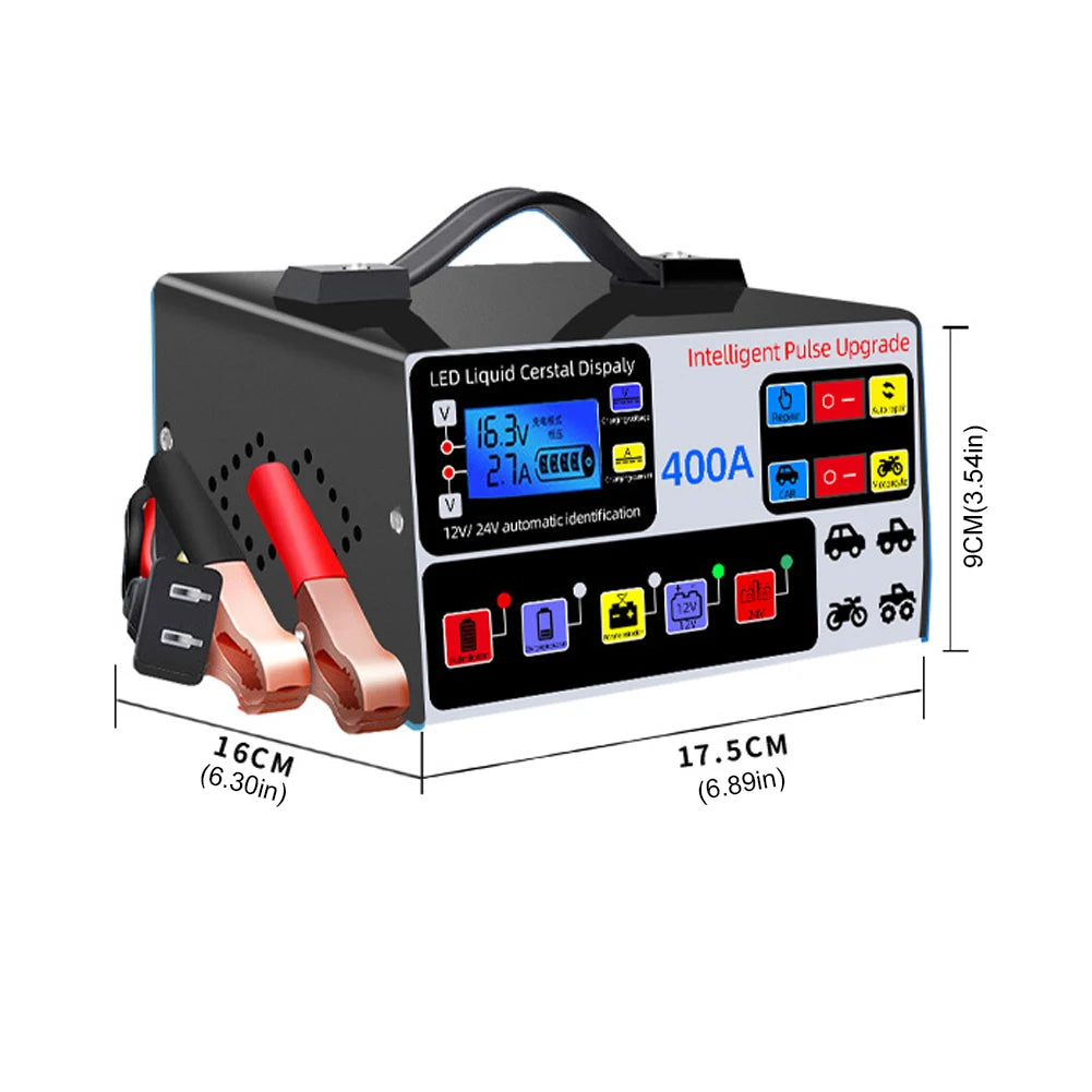 400A Heavy Duty Smart Battery Charger LCD Display Car Battery Charger 12/24V Intelligent Pulse Repair Charger High Power