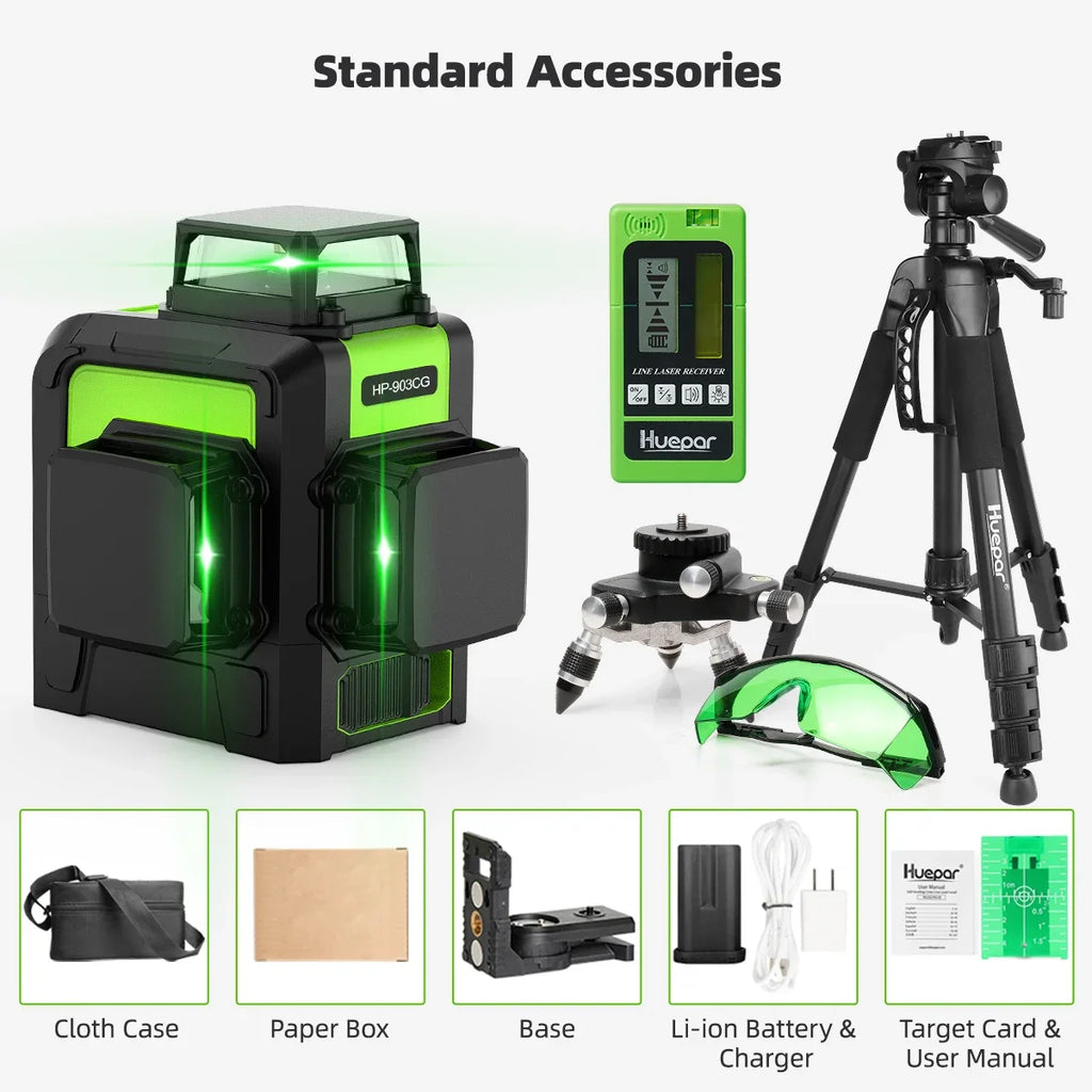 Huepar 903CG Set 12 3D Cross Lines Laser Level Osram Green Laser Beam Self-Leveling 360 Vertical Horizontal with Receiver Tripod - Shopifynow