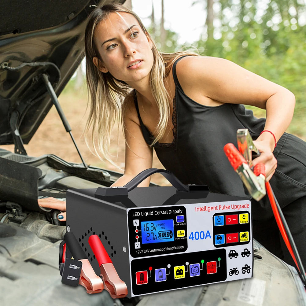 Heavy Duty Car Battery Charger 12/24V 400A Full Automatic Car Battery Charger 220W High Power Smart Pulse Repair Battery Charger