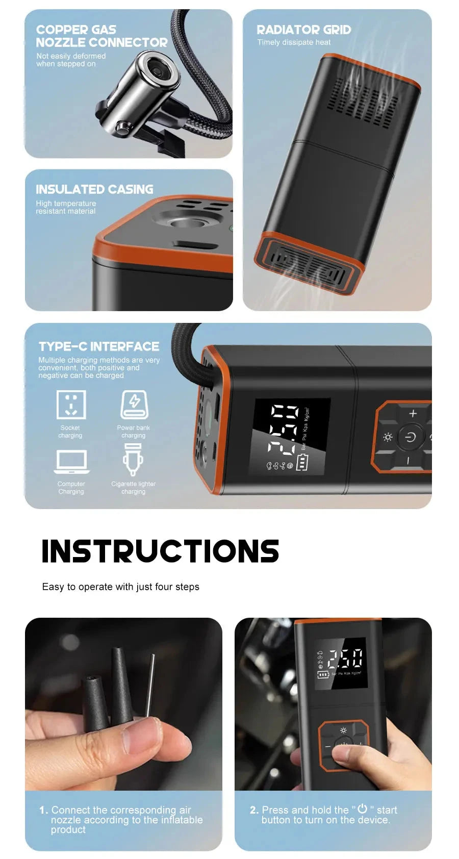 ABS Car Tyre Inflator Portable Air Compressor Car Inflatable Pumps Air Pump Suitable For Inflating Car Motorcycle Bicycle Shopifynow