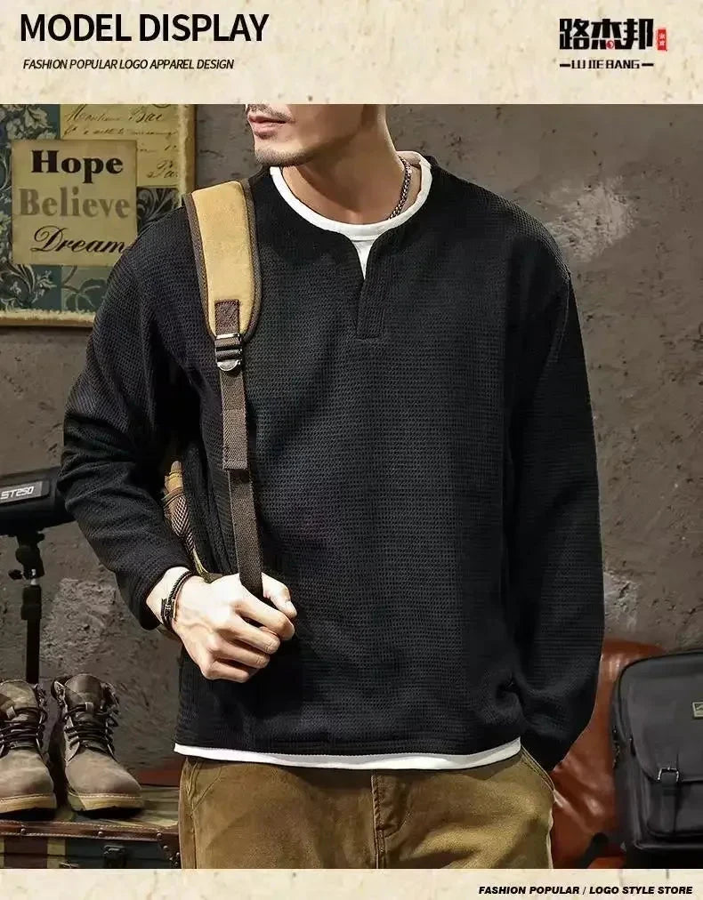 Spring and Autumn New Men Henley neck T Shirt Long Sleeve Casual  Solid color T-Shirt Fashion Waffle Fake two-piece Sweatshirts Shopifynow
