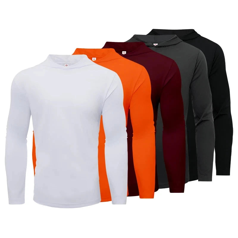 Men's five piece sports long sleeved T-shirt, hooded solid color breathable sports shirt, suitable for running and fitness Shopifynow