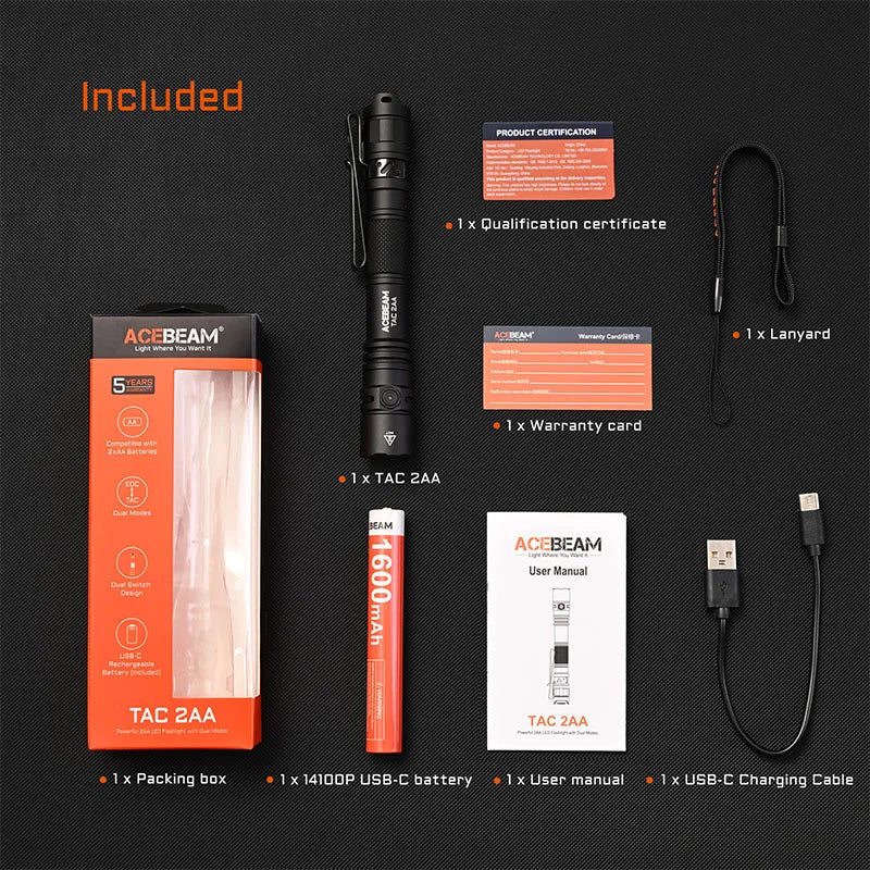 ACEBEAM TAC 2AA LED flashlight 1600 lumen 181 meters portable EDC flashlight USB-C rechargeable battery double buttons torch - Shopifynow