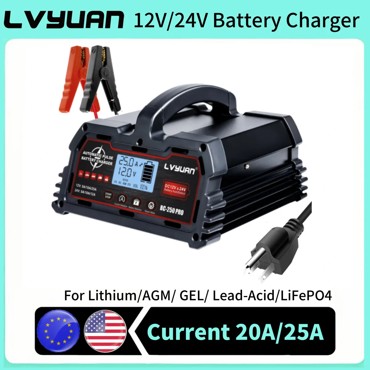 Auto DC12V 24V Battery Charger Smart LCD Display 8-stage Intelligent Charging Car Battery Chager for LiFePO4 AGM GEL Lead-Acid Shopifynow